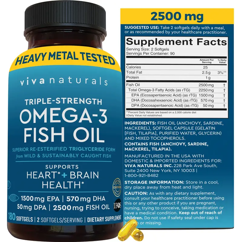 Viva Naturals Omega 3 Fish Oil Supplement for Women and Men - 2500 mg Triple Strength Fish Oil Pills with Re-Esterified Omega...