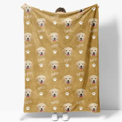Aperturee Custom Pet Face Name Yellow White Paw Print Blanket - Aperturee