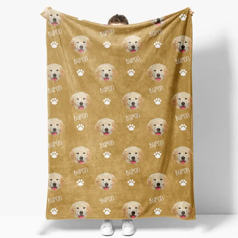 Aperturee Custom Pet Face Name Yellow White Paw Print Blanket - Aperturee