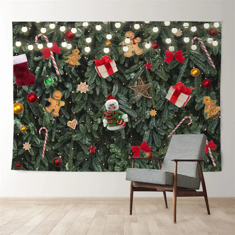 Aperturee Snowman Gifts Pine Leaves Green Xmas Deco Backdrop