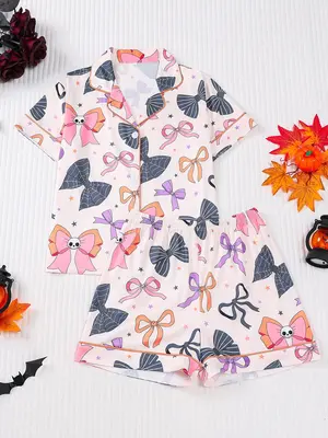 2 pieces of girls' Halloween skull colored bow printed short sleeved shorts and pajamas set suitable for all seasons, casual,...
