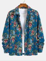 Men's Floral Print Button Zipper Jacket, Loose Casual Long Sleeve Collared Neckline Outerwear for Fall & Winter, Men's Clothe...
