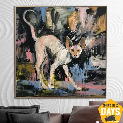Original Cat Painting Canvas Vivid Artwork Sphynx Cat Wall Art Pet Painting Canvas Abstract Sphynx Cat Fine Art Contemporary ...
