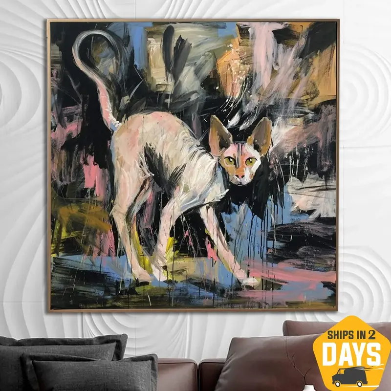 Original Cat Painting Canvas Vivid Artwork Sphynx Cat Wall Art Pet Painting Canvas Abstract Sphynx Cat Fine Art Contemporary ...