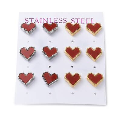 6 Pair 2 Color Heart Acrylic Stud Earrings