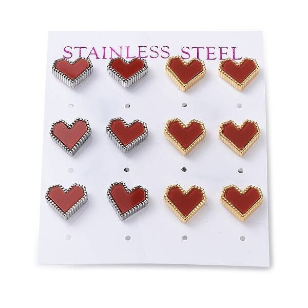 6 Pair 2 Color Heart Acrylic Stud Earrings