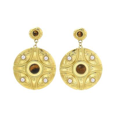 304 Stainless Steel Natural Tiger Eye Boho Stud Earrings
