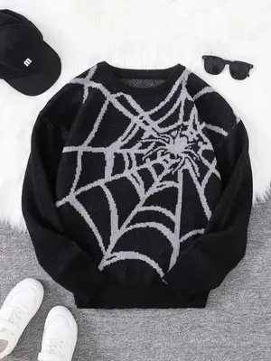 Men's Spider Web Pattern Round Neck Sweater, Regular Fit Casual Drop Shoulder Long Sleeve Jumper for Spring & Fall, Fashion ...