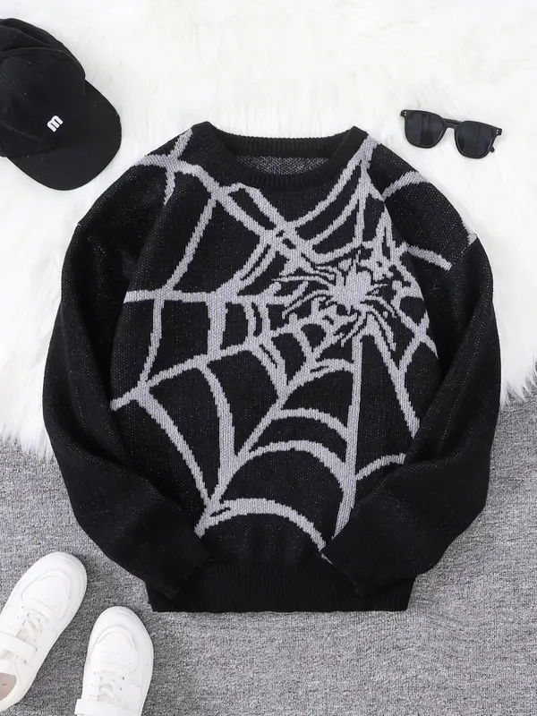 Men's Spider Web Pattern Round Neck Sweater, Regular Fit Casual Drop Shoulder Long Sleeve Jumper for Spring & Fall, Fashion ...