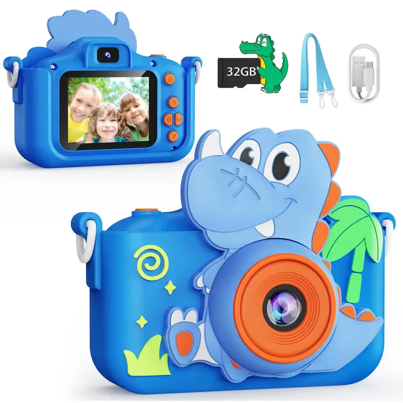 1080P Kids Camera for Kids-Dinosaur Fun Camera Toy with Dual Camera,Protective Case for Toddlers,learning Games,32G Memory Ca...