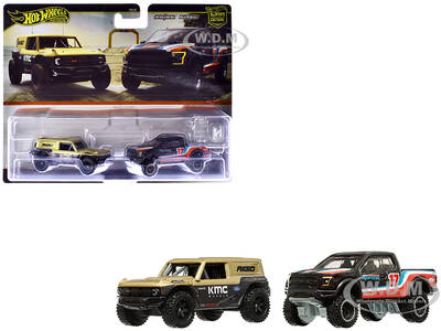 Ford Bronco R Gold Metallic and Black and 2017 Ford F-150 Raptor Pickup Truck 17 Black with Stripes \