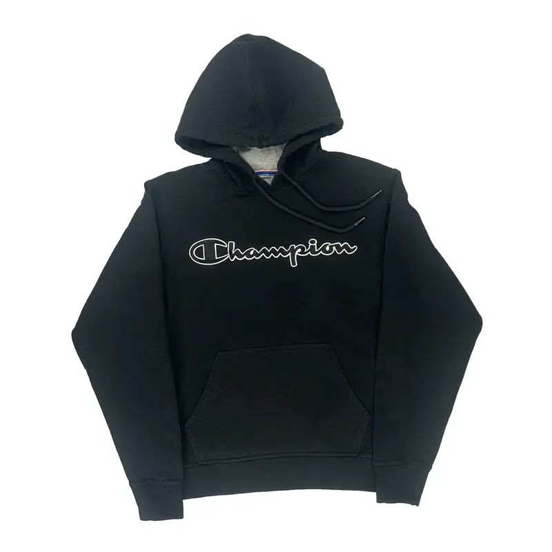 Champion Spellout Hoodie - Small Black Cotton Blend