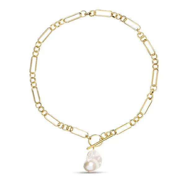 Alba Chunky mixed link Gold Necklace with large Keshi Pearl