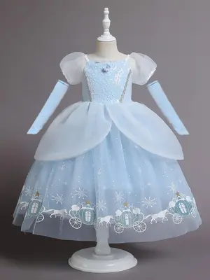 Girl's Carriage Print Contrast Sequin Frill Trim Mesh Princess Dress with Arm Sleeve, Elegant Puff Sleeve Square Neck Fit & F...