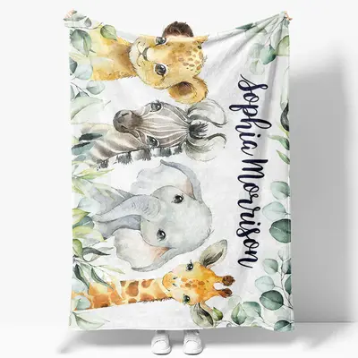 Wild Jungle Leaf Safari Animals Custom Name Blanket - Aperturee