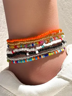 7pcs/set Women's Boho Style Colorful Trendy Vintage Beaded Anklets, Pride 2025, LGBTQ, Fashionable Body Jewelry for Beach Vac...