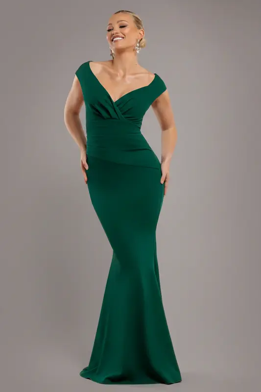 Goddiva Bardot Pleated Maxi Dress - EmeraldGreen
