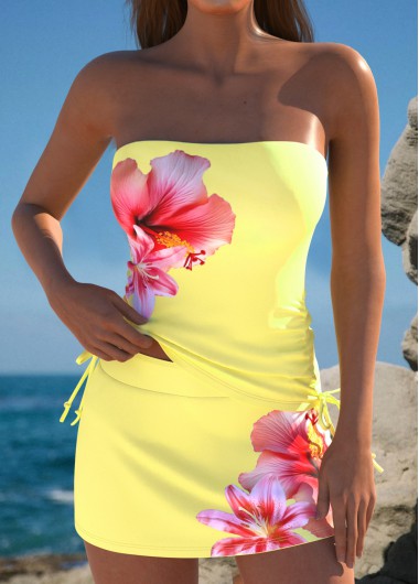 Modlily Mid Waisted Floral Print Yellow Tankini Set - M