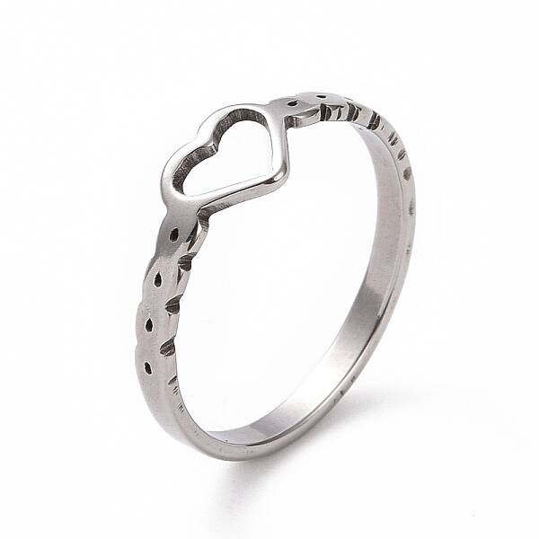 Non-Tarnish 201 Stainless Steel Hollow Heart Finger Ring for Valentine's Day