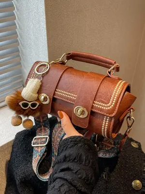 Women's Elegant Boston Bag with Cartoon Charm, Vintage Trendy Retro Textured Handbag, Fashionable Crossbody Bag for Daily Use...