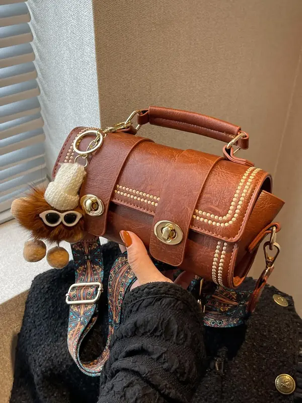 Women's Elegant Boston Bag with Cartoon Charm, Vintage Trendy Retro Textured Handbag, Fashionable Crossbody Bag for Daily Use...