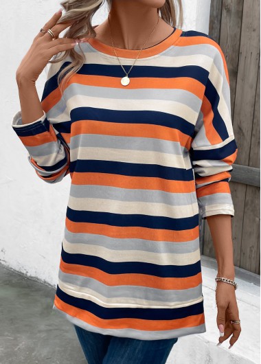 Modlily Multi Color Patchwork Striped Long Sleeve T Shirt - XL