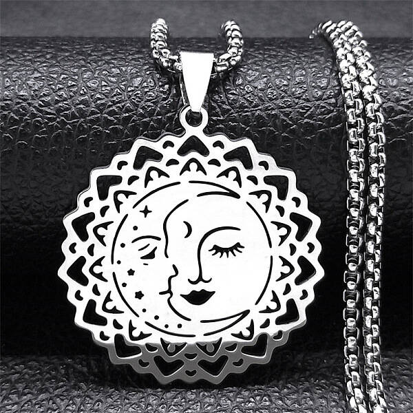 304 Stainless Steel Hollow Moon Star Flower Pendant Necklaces for Women