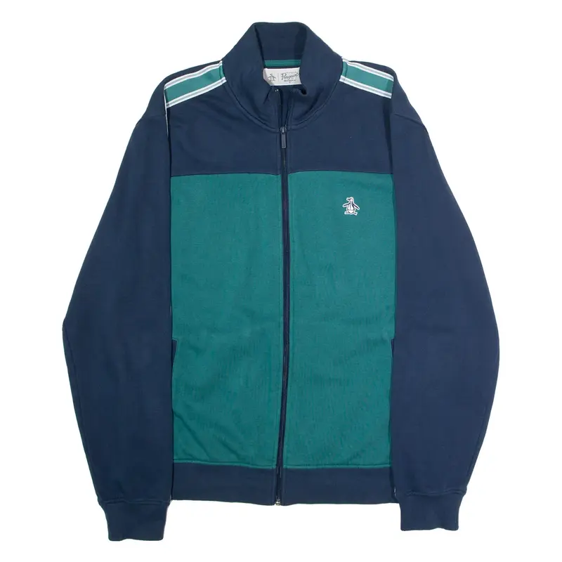 PENGUIN Mens Track Jacket Blue Jersey Colourblock L