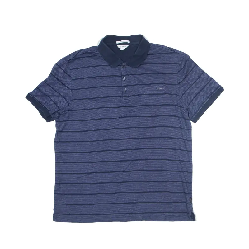 CALVIN KLEIN Liquid Cotton Polo Shirt Blue Striped Short Sleeve Mens L