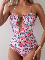 Women's Floral Print Frill Trim Ruched Cut Out One-piece Swimsuit, Boho Fashion Halter Neck Tie Back Sleeveless Swimwear for ...