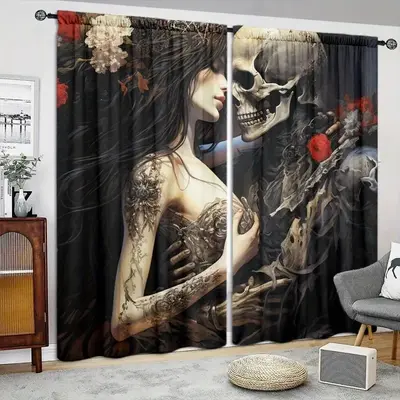 Couple Skull Pattern Curtain for Room Decor, 2 Counts Boho Style Curtain, Window Drapes for Home Decor, Home Decor Supplies f...