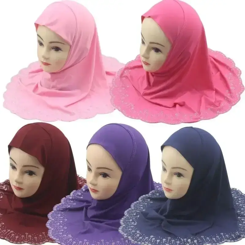 One Pieces Children Headwear Muslim Rhinestone Hijab Instant Amira Cap Girls Headscarf Shawls Arab Malaysia Turban