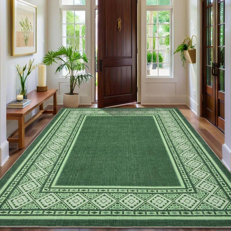 Garvee Modern Neutral Bordered Area Rug Green 5x7 - Soft Washable Non-Slip Polyester - Geometric Pattern, Low-Pile - Living R...