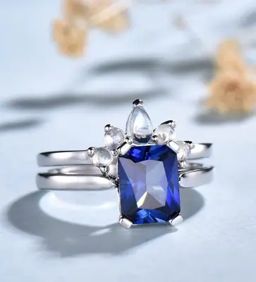 Solitaire Blue Emerald Sapphire Moonstone Engagement Ring Set 2pcs