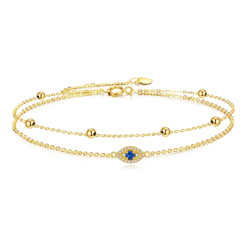 14K Yellow Gold Circular Cubic Zirconia Evil Eye Multi-layered Anklet