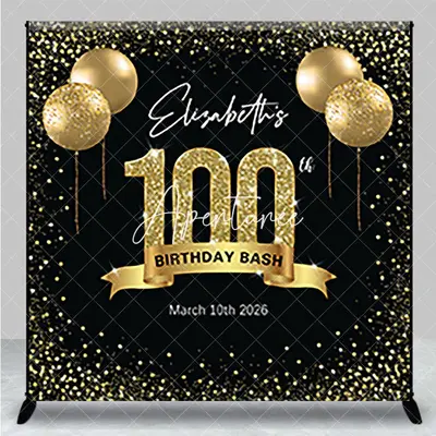 Aperturee Black Gold Balloon Custom 100th Birthday Backdrop, 3X3FT(1X1M), 15 USD, custom birthday backdrops, DZYM0Z40-O