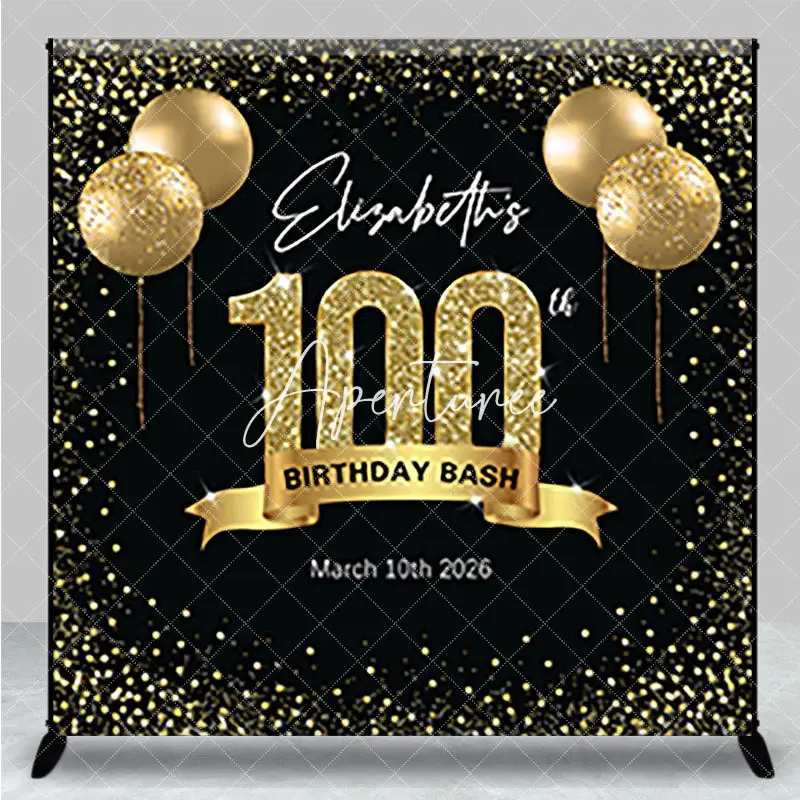 Aperturee Black Gold Balloon Custom 100th Birthday Backdrop, 3X3FT(1X1M), 15 USD, custom birthday backdrops, DZYM0Z40-O