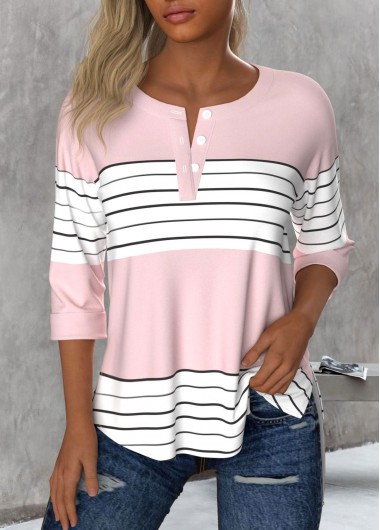 Modlily Light Pink Button Striped 3/4 Sleeve Round Neck Blouse - XXL