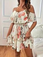 Women's Floral Print Ruffle Trim A Line Spaghetti Strap Dress, Casual Boho Chic Butterfly Sleeve Adjustable Strap Short Dress...