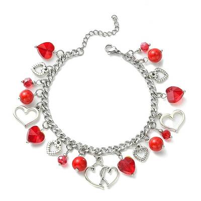 Tibetan Style Alloy & Glass Heart Charm Bracelet with 304 Stainless Steel Curb Chains for Valentine's Day