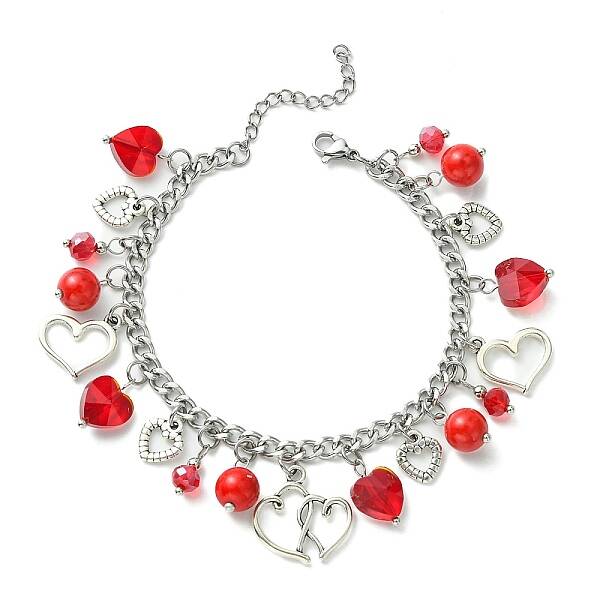 Tibetan Style Alloy & Glass Heart Charm Bracelet with 304 Stainless Steel Curb Chains for Valentine's Day