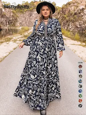 Plus Size Paisley Print Notched Neck Bishop Sleeve A Line Dress, Boho Long Sleeve Long Dress, Summer Outfits 2024, Women Plus...