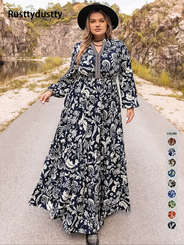 Plus Size Paisley Print Notched Neck Bishop Sleeve A Line Dress, Boho Long Sleeve Long Dress, Summer Outfits 2024, Women Plus...