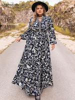 Plus Size Paisley Print Notched Neck Bishop Sleeve A Line Dress, Boho Long Sleeve Long Dress, Summer Outfits 2024, Women Plus...