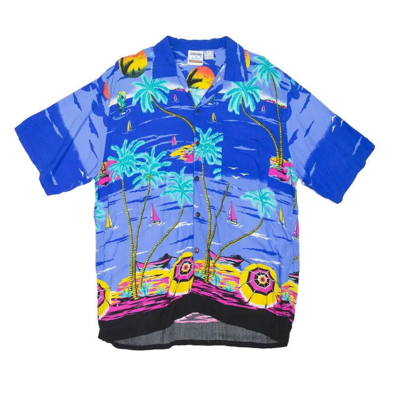BASIX Jammin Shirt Beach Hawaiian Shirt Blue Floral Short Sleeve Mens L