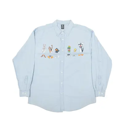 WARNER BROS Looney Tunes Denim Shirt Blue 90s Long Sleeve Mens XL