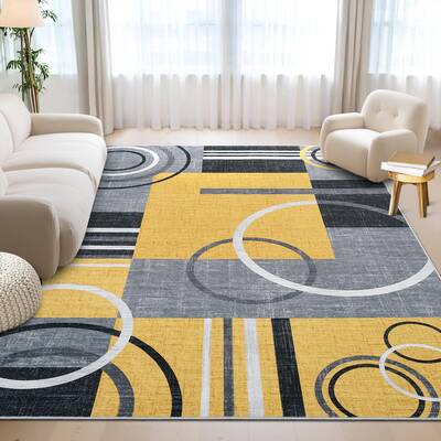Garvee Modern Yellow 6x9 Washable Abstract Circle Rug Non-Slip Low Pile Soft Durable Carpet for Living Room Bedroom Home