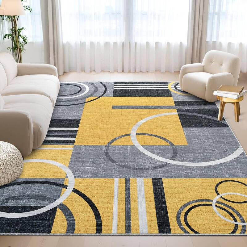 Garvee Modern Yellow 6x9 Washable Abstract Circle Rug Non-Slip Low Pile Soft Durable Carpet for Living Room Bedroom Home