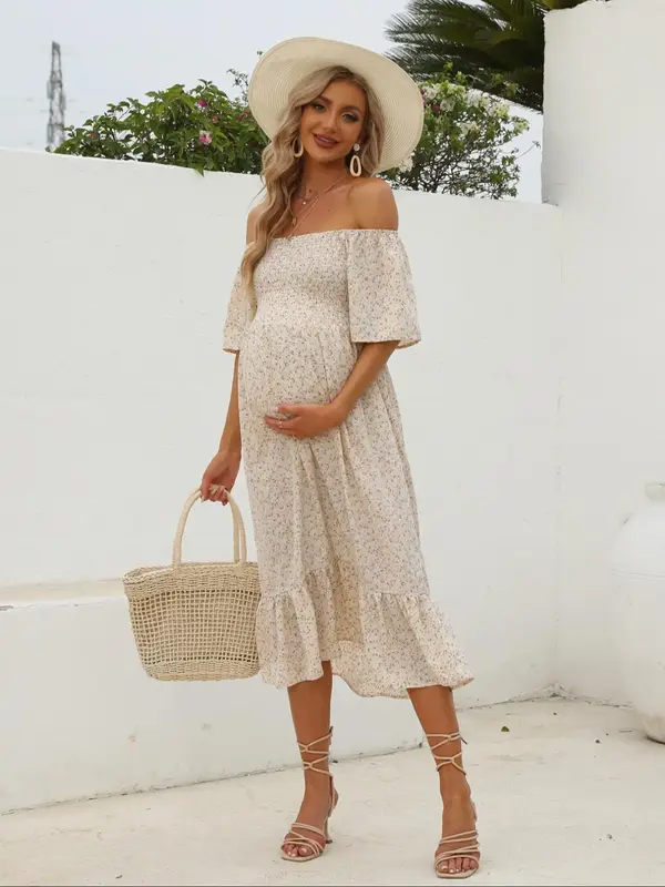 Maternity Off Shoulder Ruffle Hem Shirred A-line Dress, Lady Casual Ditsy Floral Print Short Sleeve Midi Dress for Summer, B...