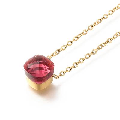 Ion Plating(IP) 304 Stainless Steel Pave Glass Square Pendant Cable Chain Necklaces for Women